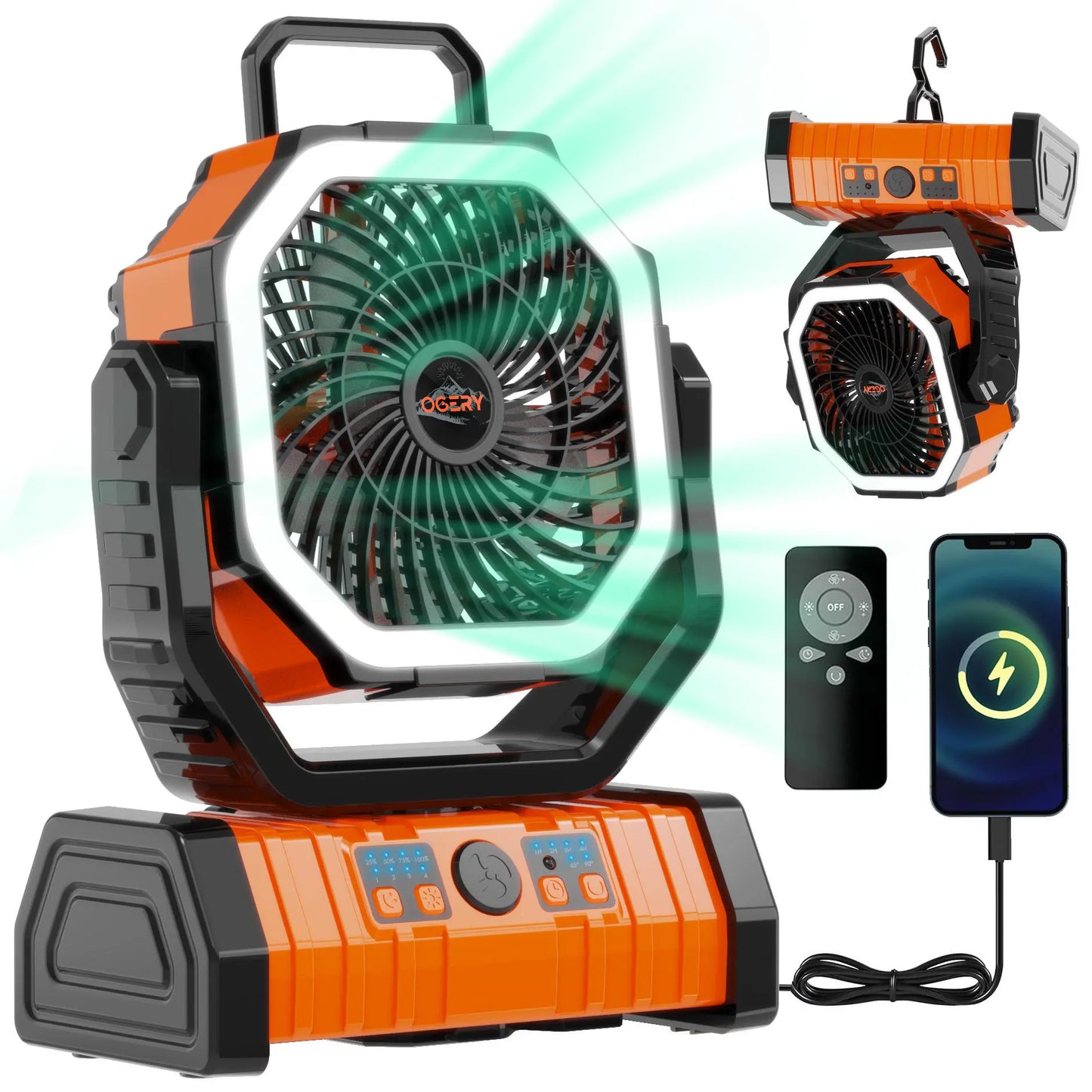 Rechargeable Camping Fan with LED Light, Portable Multi-functional Fan with 360° Rotating Hook, Oscillating Emergency Camping Fan Cordless Rotatable Battery Powered Lightweight summerwins