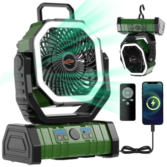 Rechargeable Camping Fan with LED Light, Portable Multi-functional Fan with 360° Rotating Hook, Oscillating Emergency Camping Fan Cordless Rotatable Battery Powered Lightweight summerwins