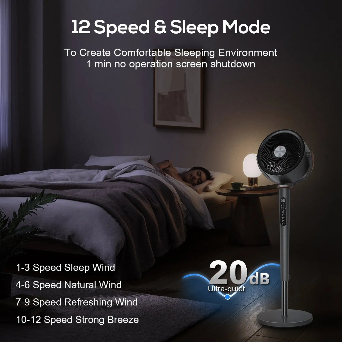 Large Fan for Bedroom, 120° Oscillating Standing Fan, 85ft Air Circulator With Remote, DC Motor Quiet Floor Fans, Adjustable Height, 12 Speeds, 5 Modes, 12H Timer