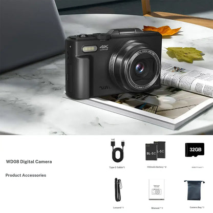 4K Digital Camera for Photography with 64MP, 3 Inch 180° Flip Screen, 18X Digital Zoom, 32GB Micro SD Card, 2 Batteries,