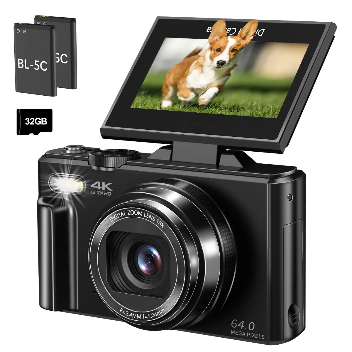 4K Digital Camera for Photography with 64MP, 3 Inch 180° Flip Screen, 18X Digital Zoom, 32GB Micro SD Card, 2 Batteries,