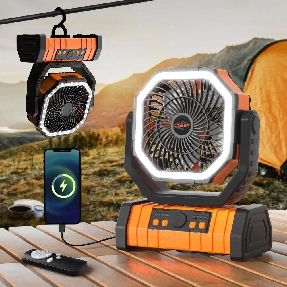 Rechargeable Camping Fan with LED Light, Portable Multi-functional Fan with 360° Rotating Hook, Oscillating Emergency Camping Fan Cordless Rotatable Battery Powered Lightweight summerwins