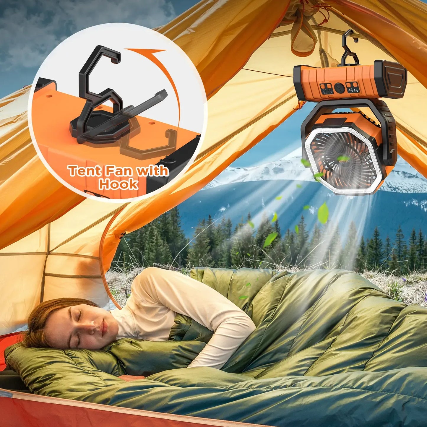 Rechargeable Camping Fan with LED Light, Portable Multi-functional Fan with 360° Rotating Hook, Oscillating Emergency Camping Fan Cordless Rotatable Battery Powered Lightweight summerwins