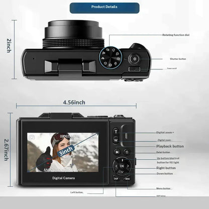 4K Digital Camera for Photography with 64MP, 3 Inch 180° Flip Screen, 18X Digital Zoom, 32GB Micro SD Card, 2 Batteries,