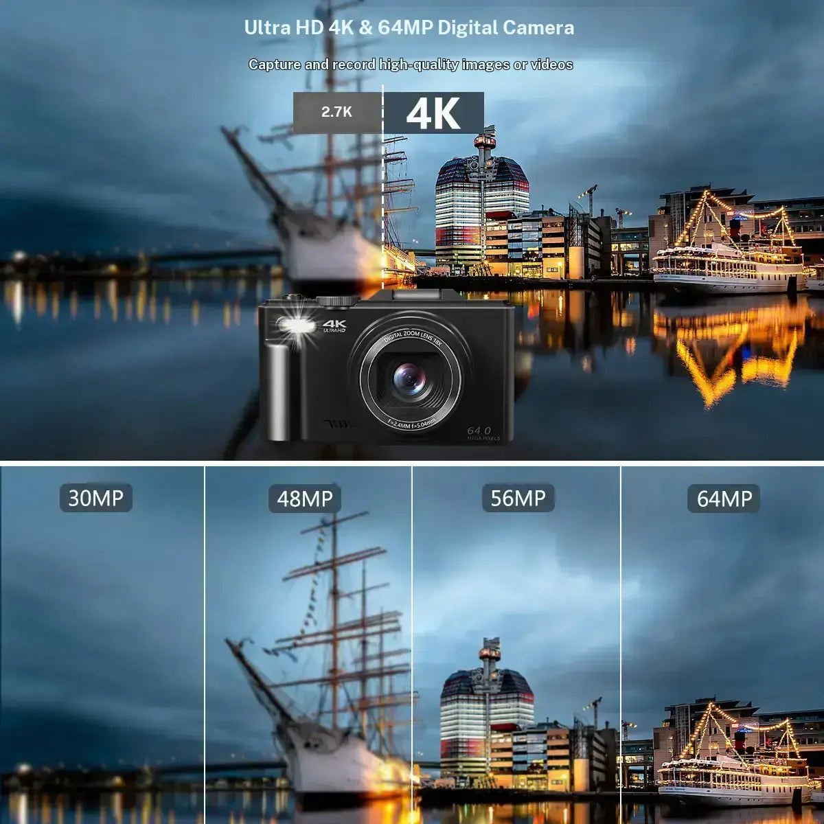 4K Digital Camera for Photography with 64MP, 3 Inch 180° Flip Screen, 18X Digital Zoom, 32GB Micro SD Card, 2 Batteries,
