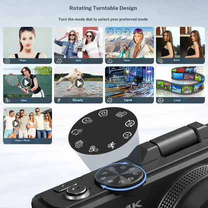 4K Digital Camera for Photography with 64MP, 3 Inch 180° Flip Screen, 18X Digital Zoom, 32GB Micro SD Card, 2 Batteries,