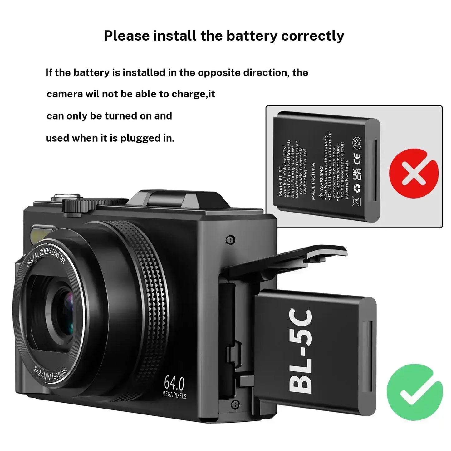 4K Digital Camera for Photography with 64MP, 3 Inch 180° Flip Screen, 18X Digital Zoom, 32GB Micro SD Card, 2 Batteries,